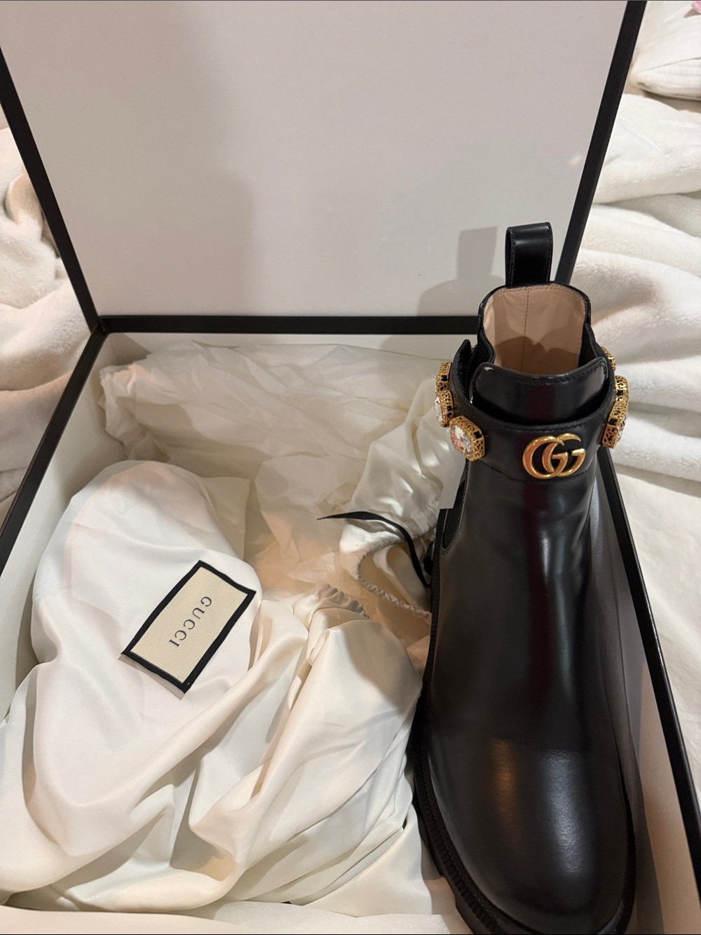 Gucci Black Leather Ankle Boots with Gold GG Detail